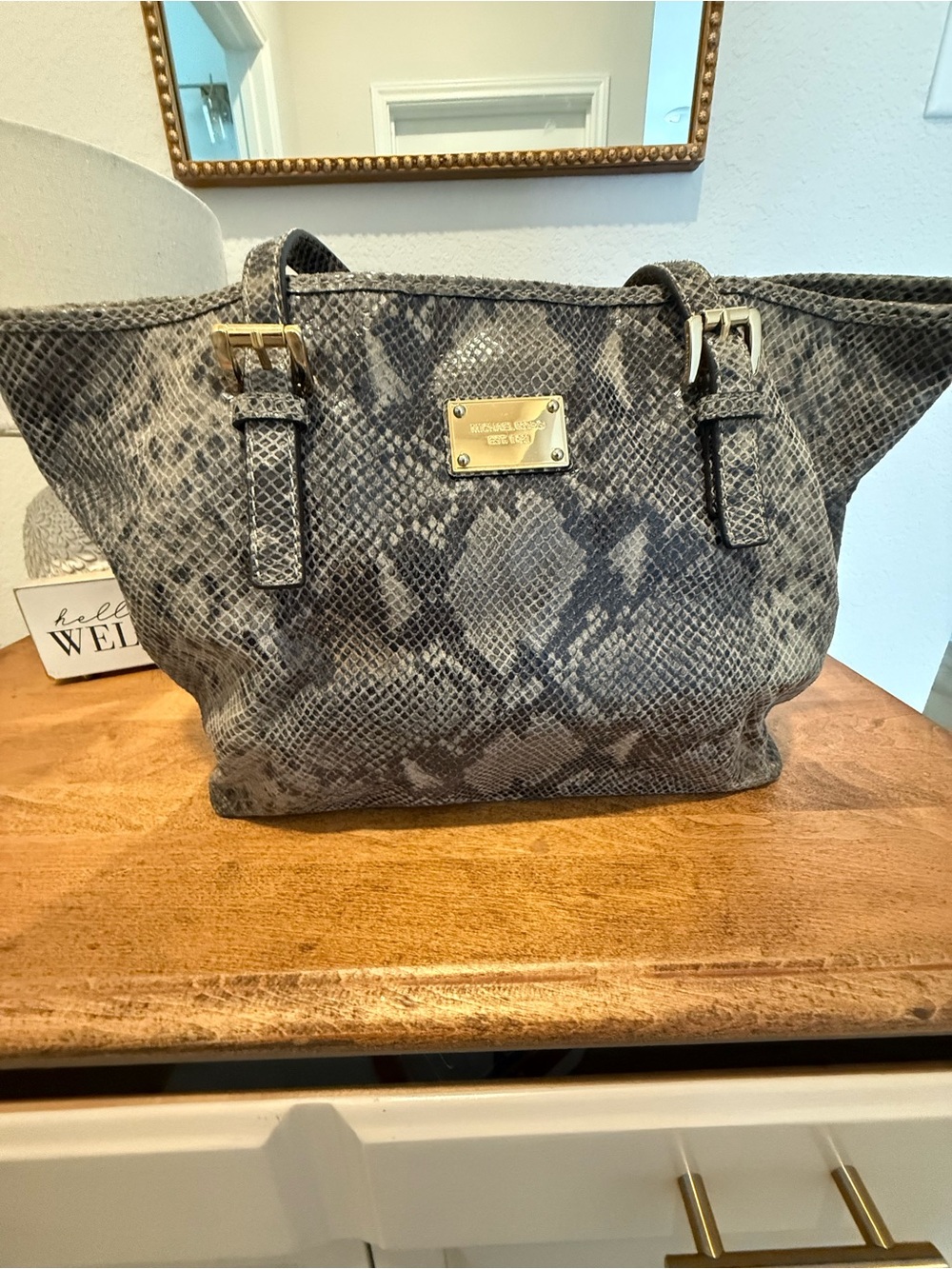 MICHAEL Michael Kors Gray Snake-Print Tote with Gold Plate